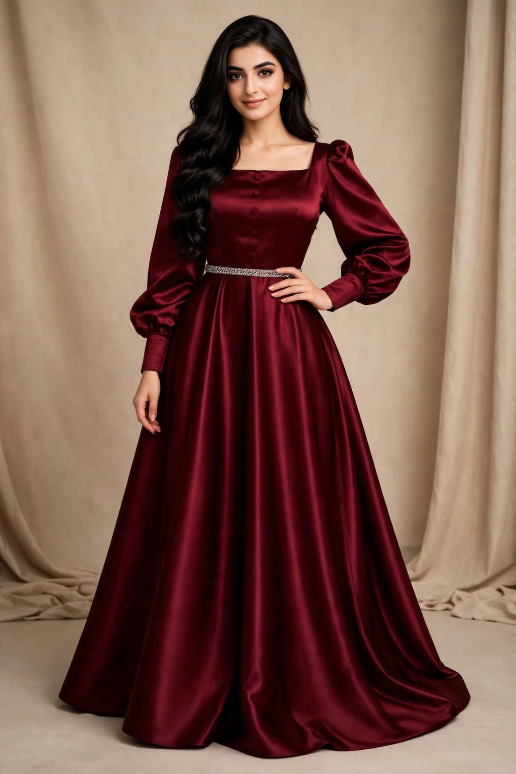 Royal Gala - Maroon Satin Shine 3-Piece Frock Set