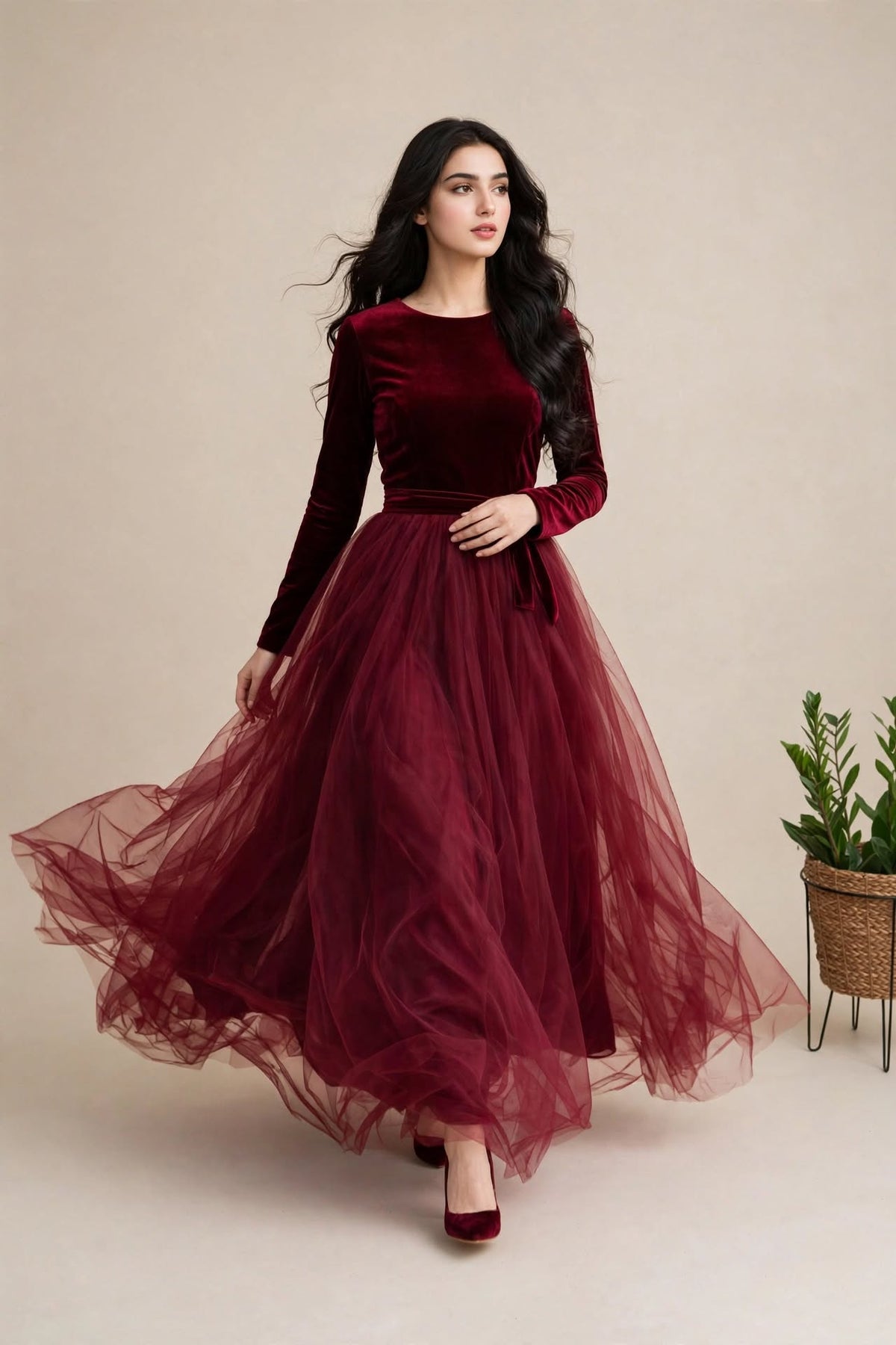 Velvet Dream - Maroon Velvet & Net 3-Piece Frock Set