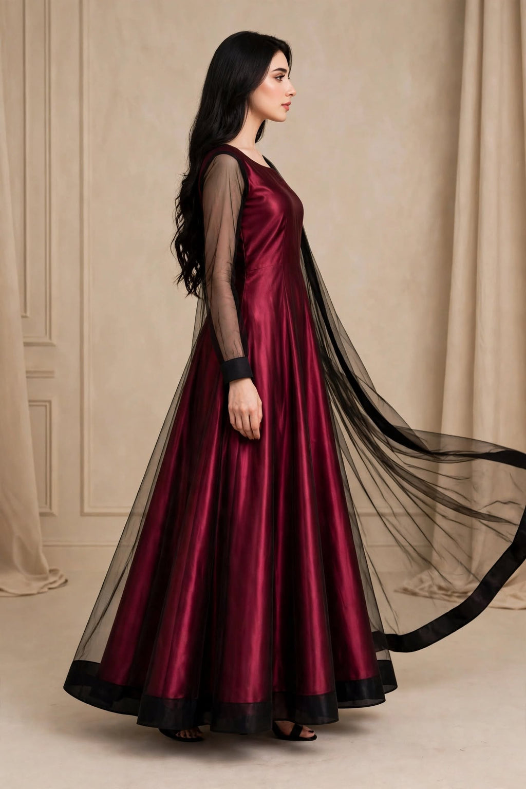 Crimson Romance - Maroon Silk & Net 3-Piece Frock Set