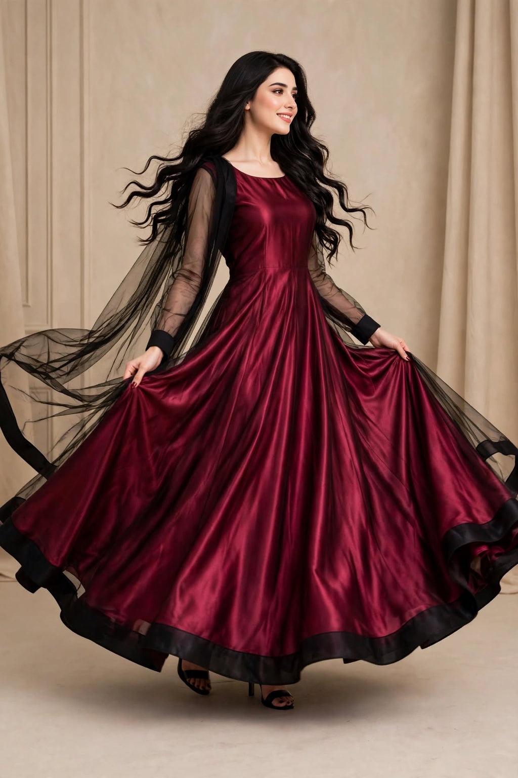 Crimson Romance - Maroon Silk & Net 3-Piece Frock Set