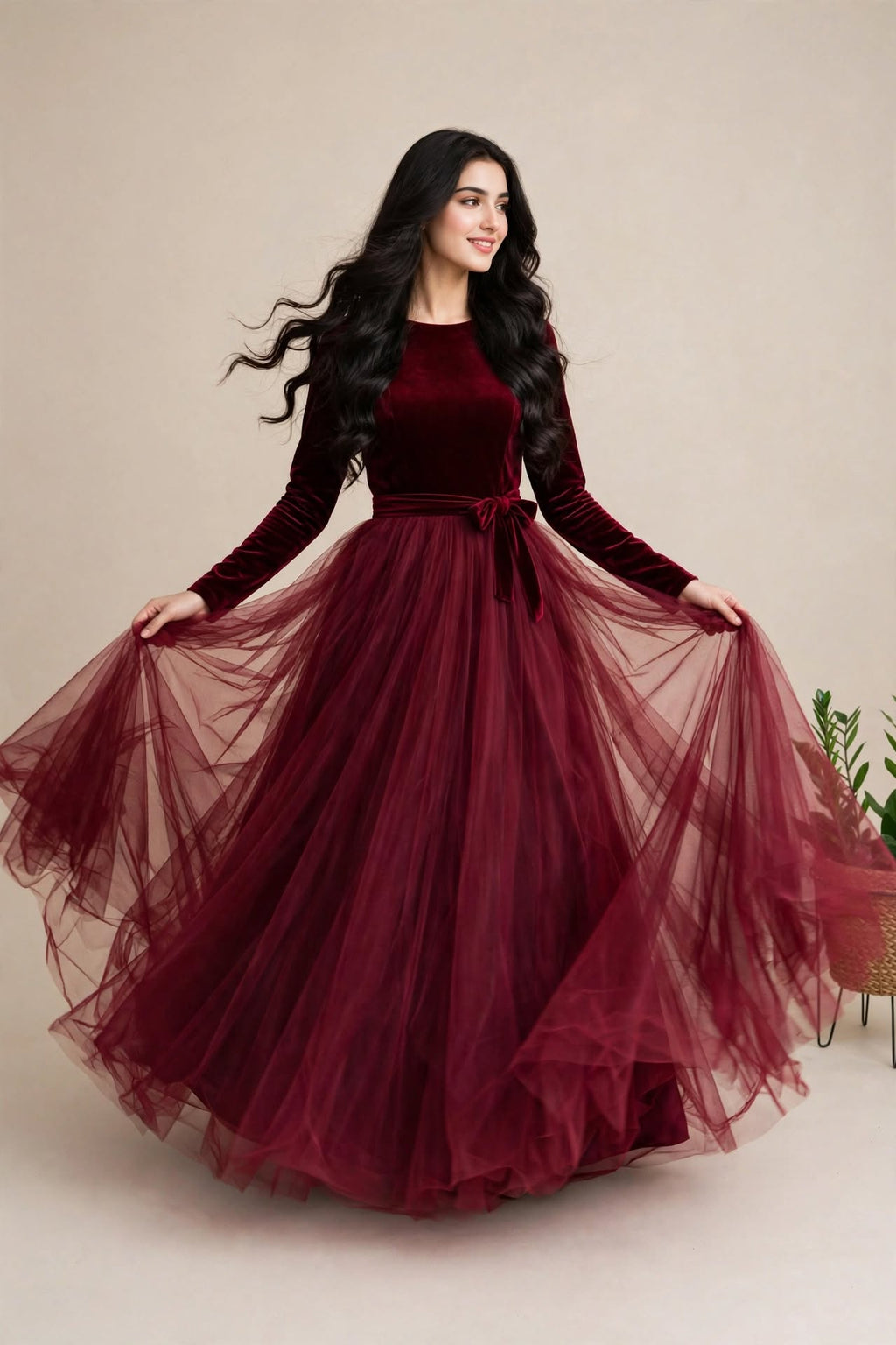 Velvet Dream - Maroon Velvet & Net 3-Piece Frock Set