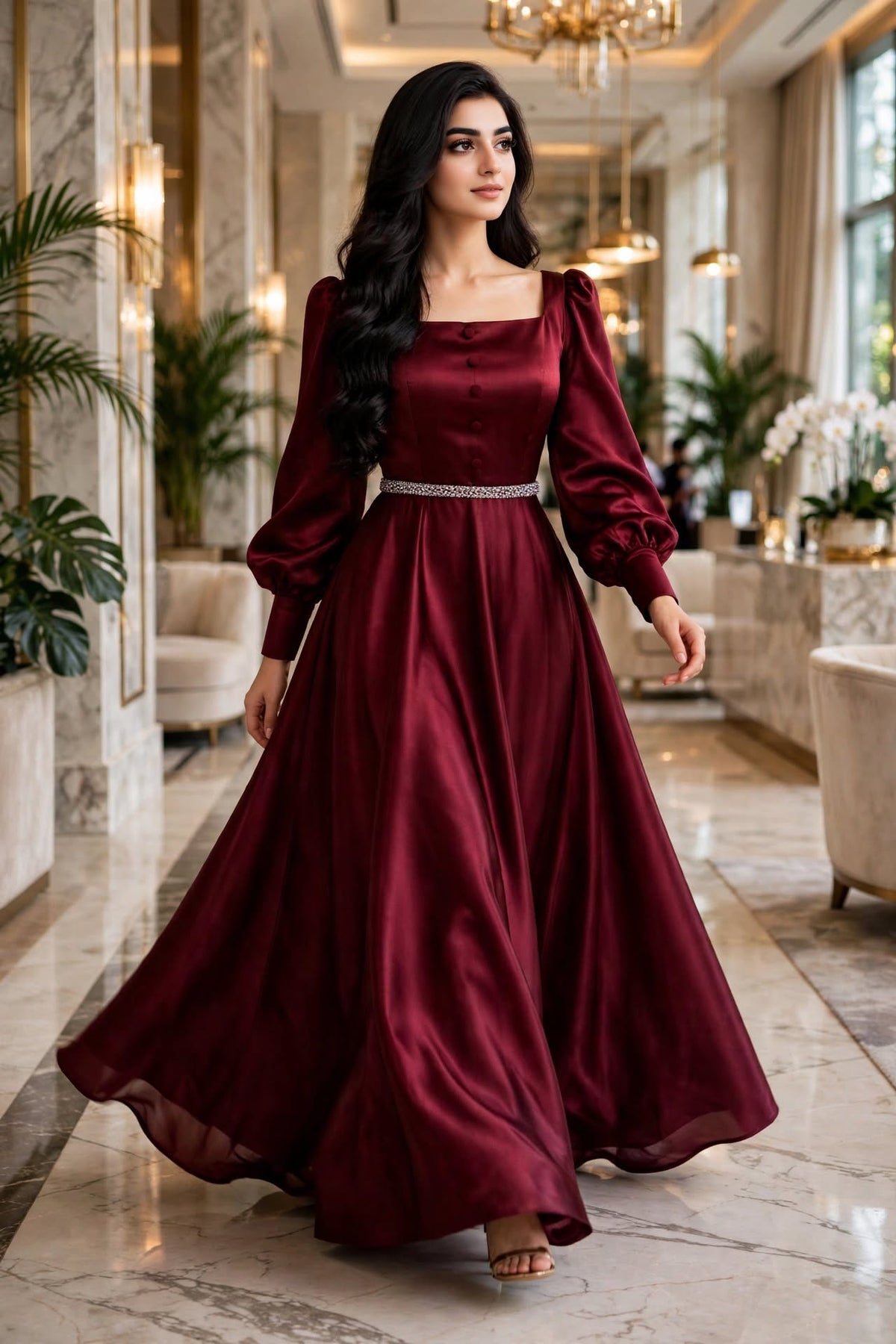Royal Gala - Maroon Satin Shine 3-Piece Frock Set