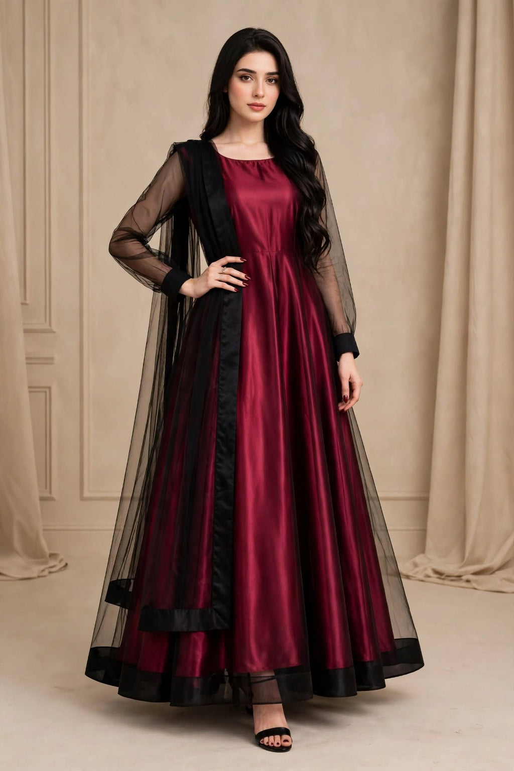 Crimson Romance - Maroon Silk & Net 3-Piece Frock Set