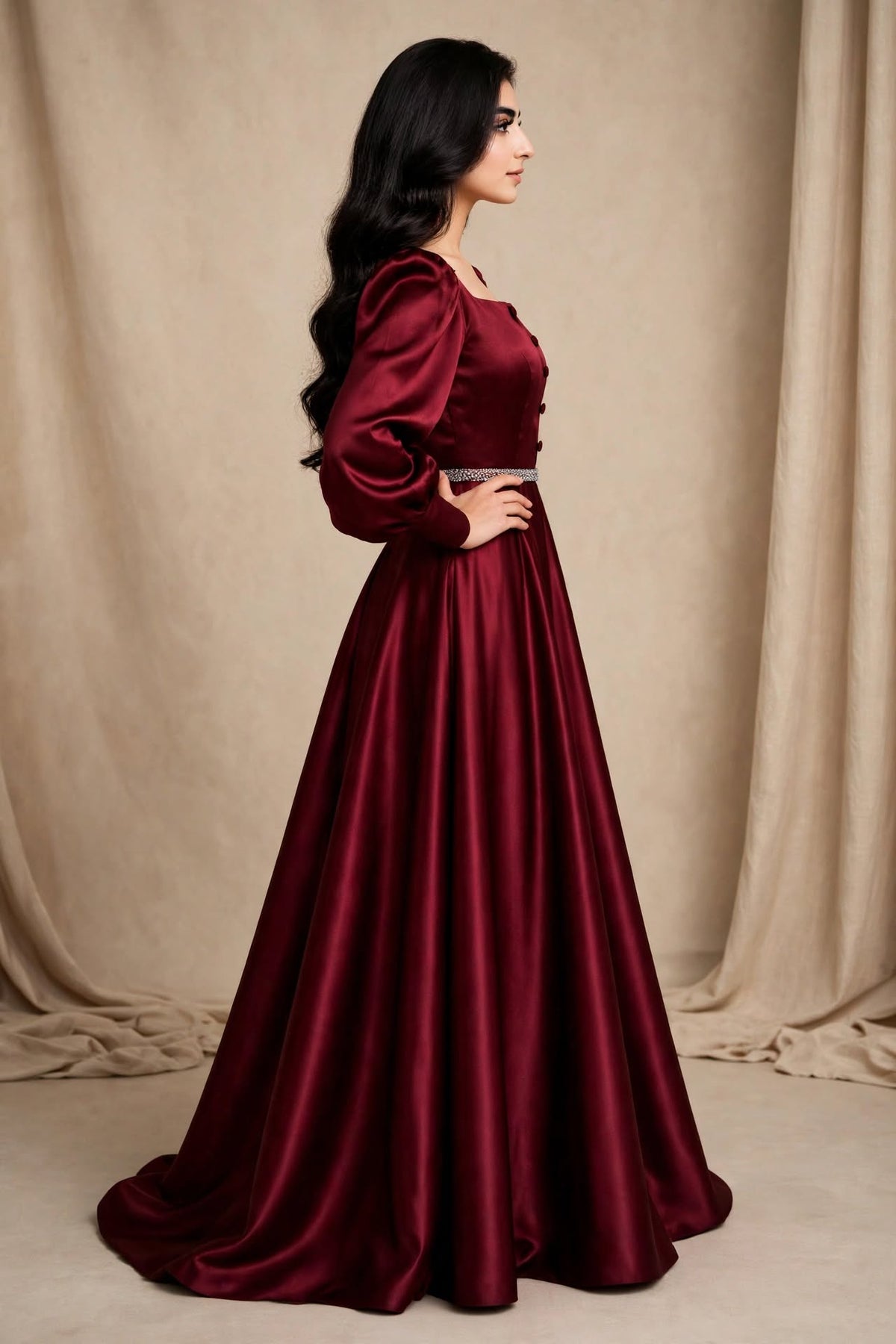 Royal Gala - Maroon Satin Shine 3-Piece Frock Set