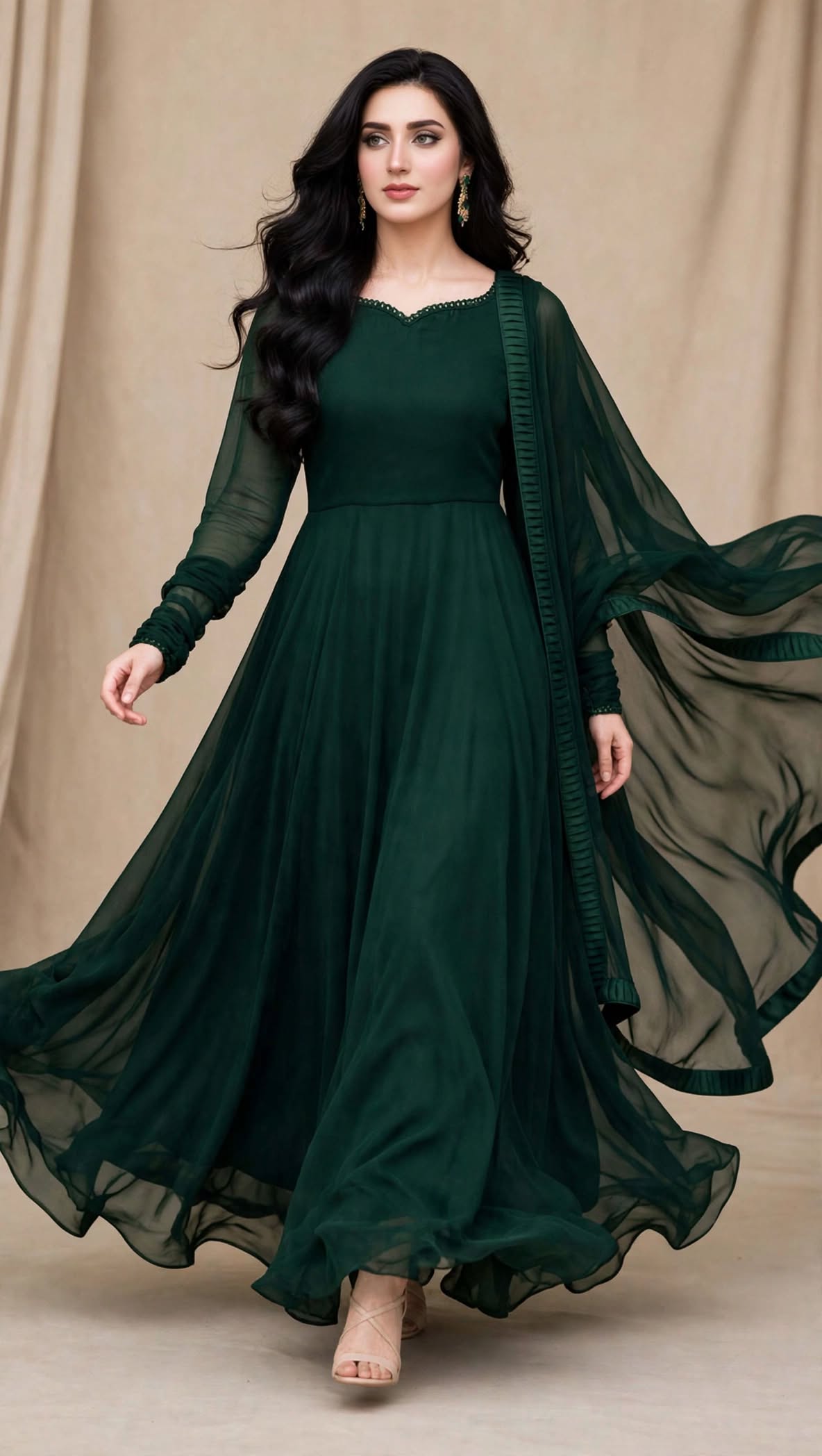 Emerald Whisper - Bottle Green Chiffon 3-Piece Frock Set