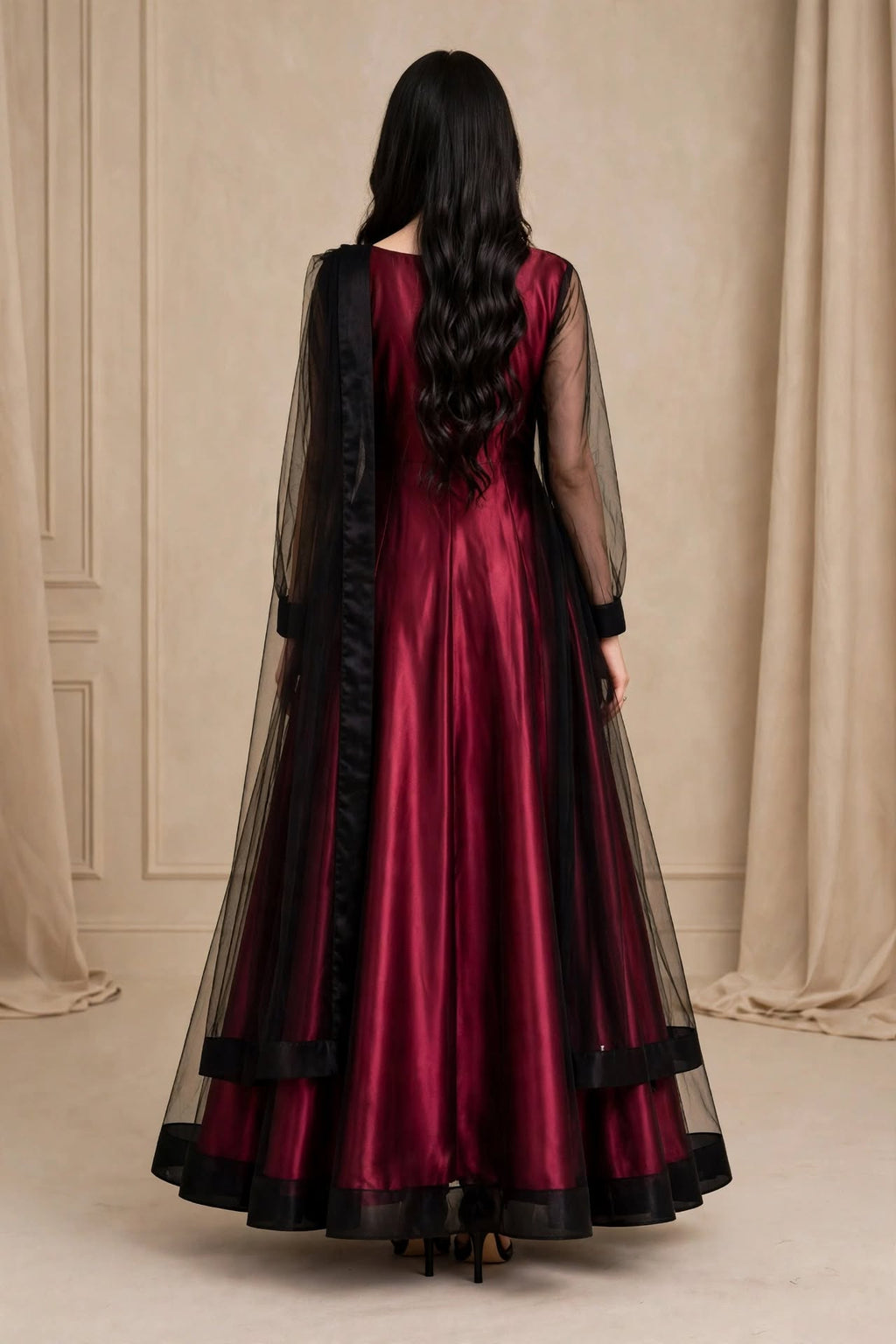 Crimson Romance - Maroon Silk & Net 3-Piece Frock Set