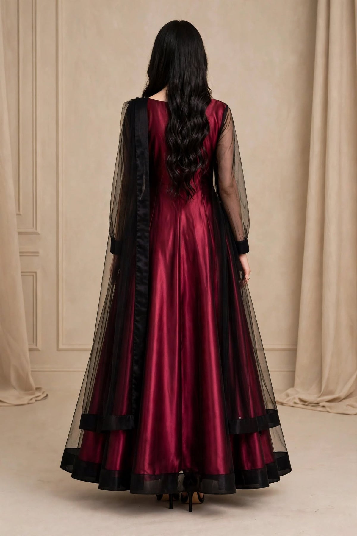 Crimson Romance - Maroon Silk & Net 3-Piece Frock Set