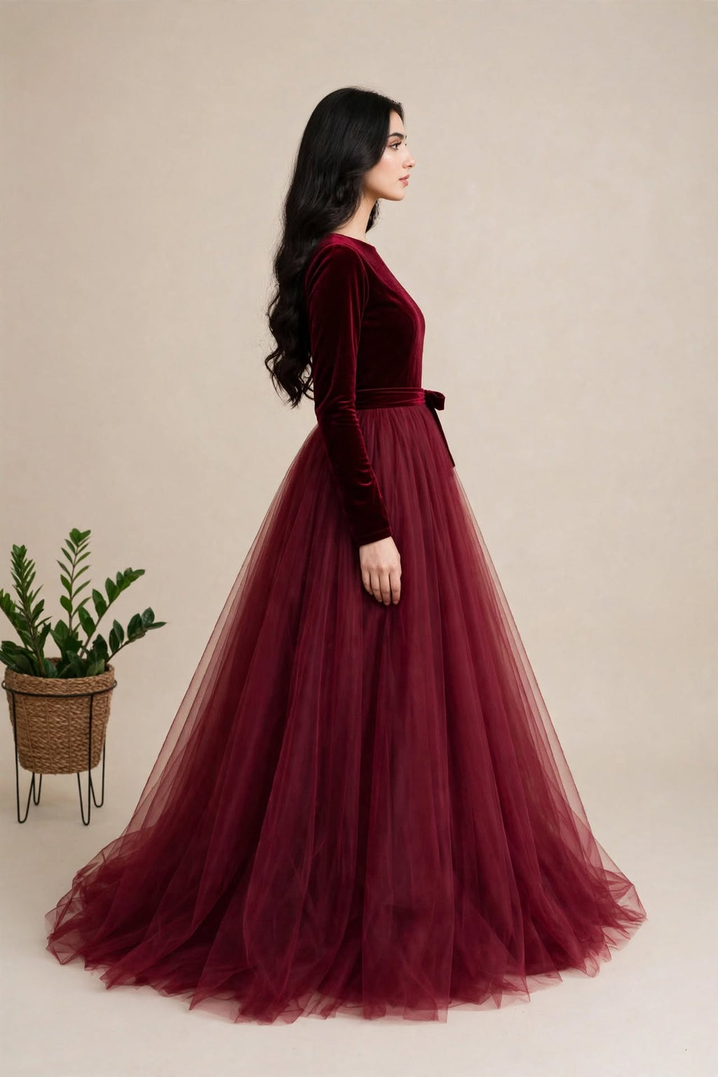 Velvet Dream - Maroon Velvet & Net 3-Piece Frock Set