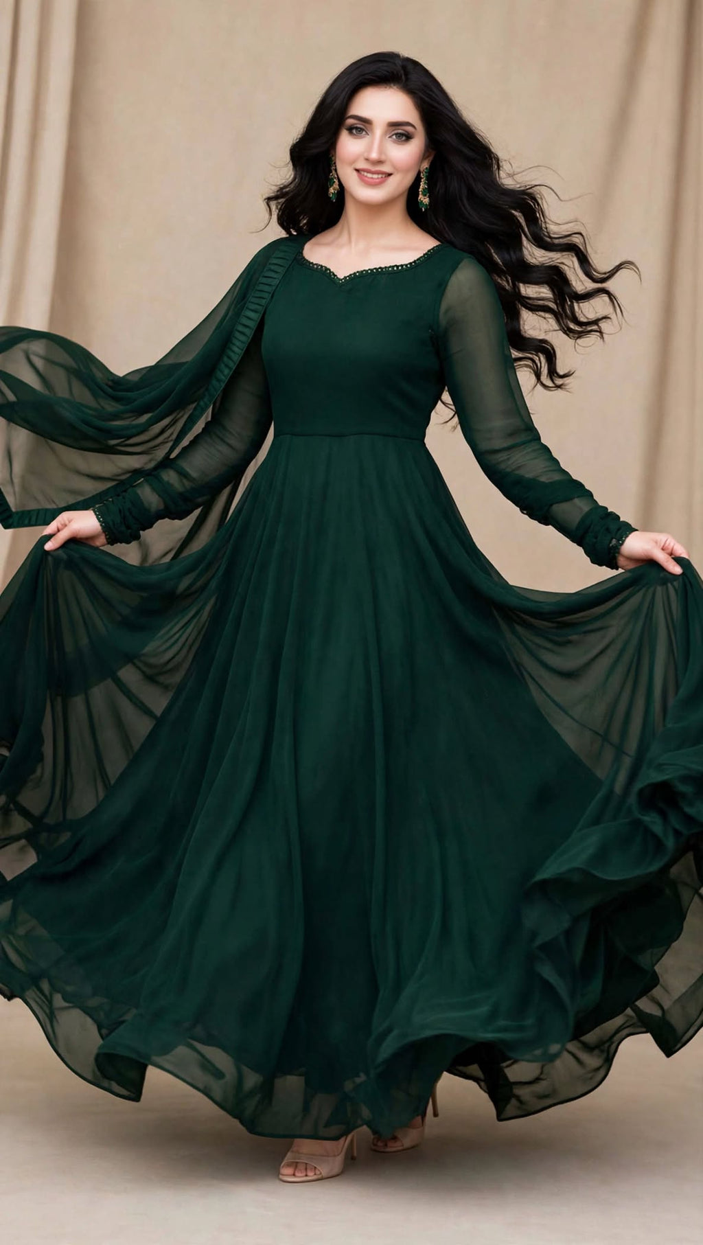 Emerald Whisper - Bottle Green Chiffon 3-Piece Frock Set