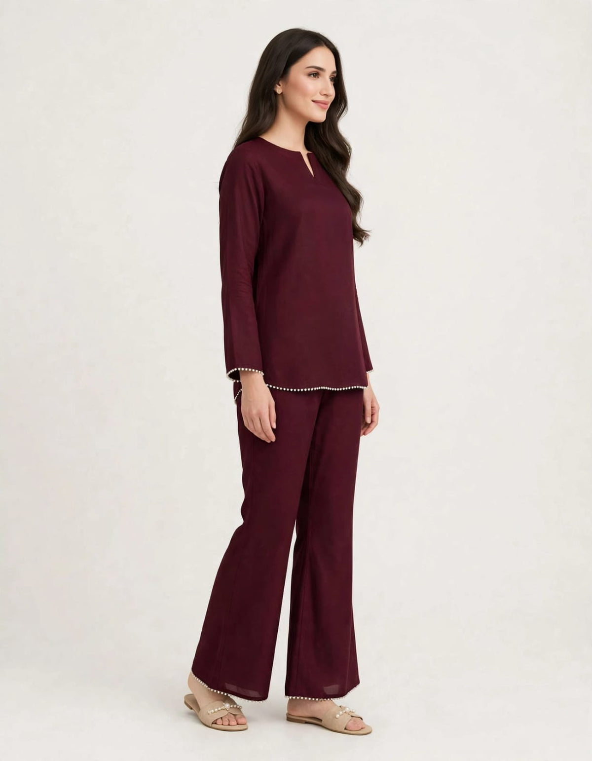 2 Piece Wine Silk Suit | Pearl Trim Shirt with Bell Bottom Pants