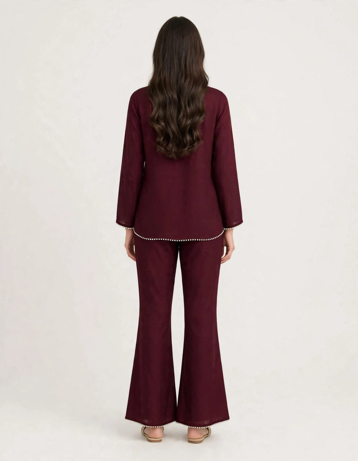 2 Piece Wine Silk Suit | Pearl Trim Shirt with Bell Bottom Pants