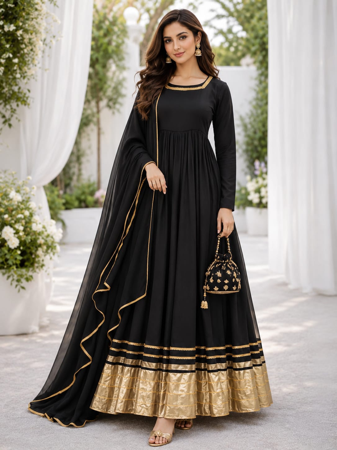 Midnight Royale - Black & Gold Chiffon 3-Piece Frock