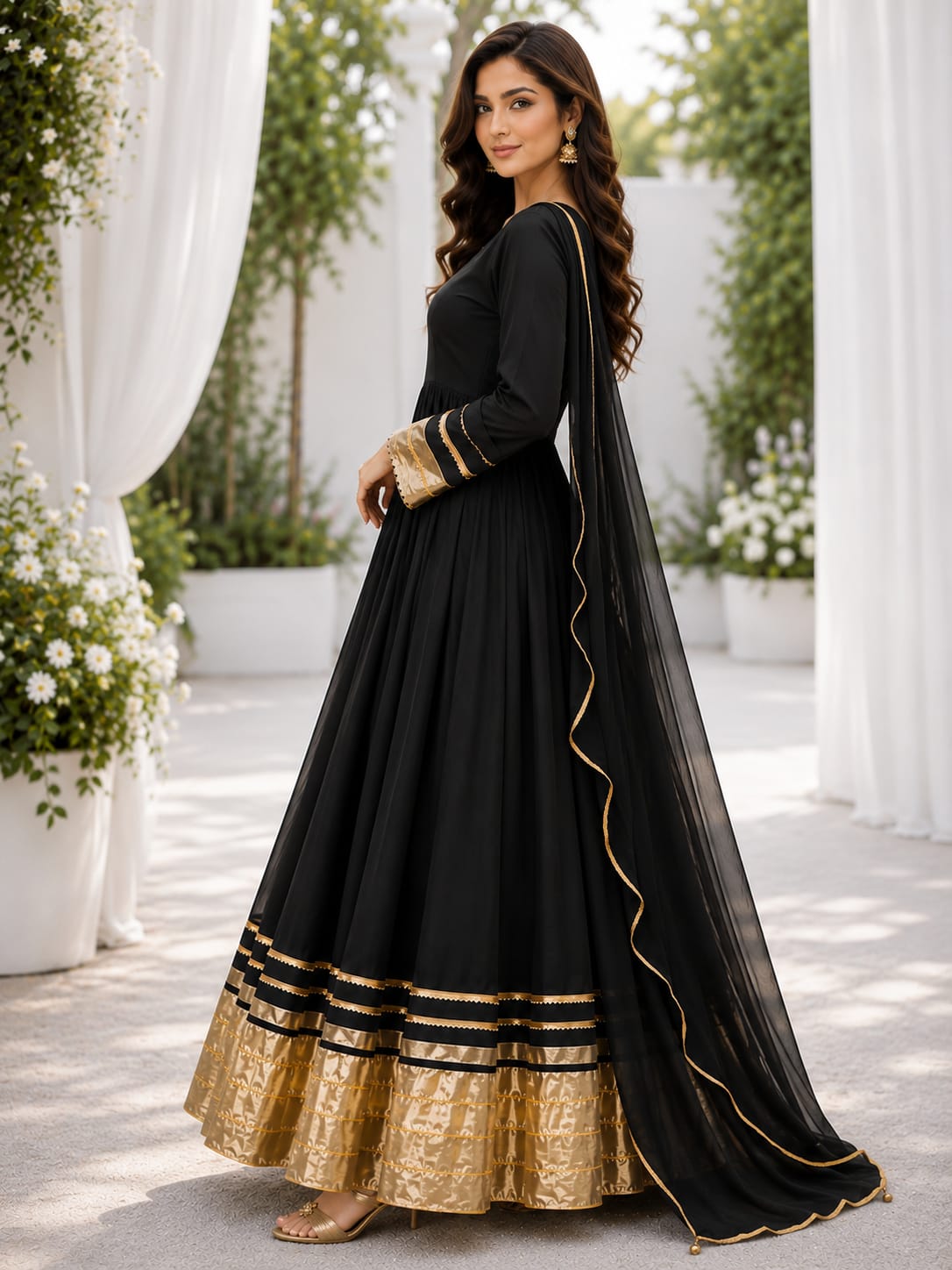 Midnight Royale - Black & Gold Chiffon 3-Piece Frock