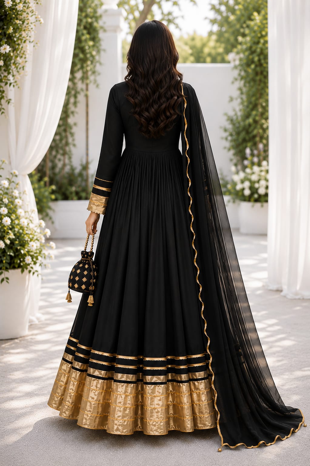 Midnight Royale - Black & Gold Chiffon 3-Piece Frock