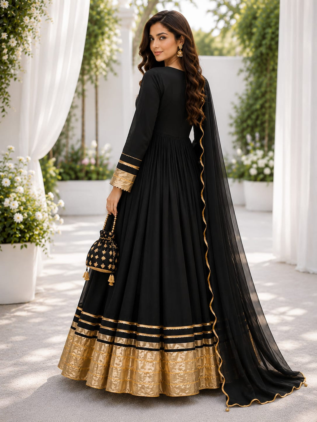 Midnight Royale - Black & Gold Chiffon 3-Piece Frock