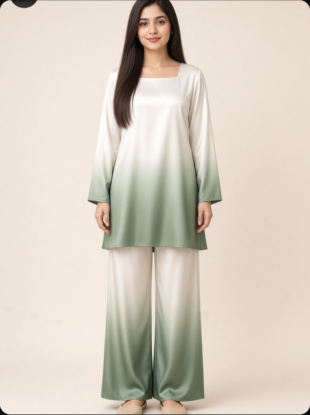 2 Piece Ombre Silk Suit | Square Neck Shirt with Wide Pants - White Sage