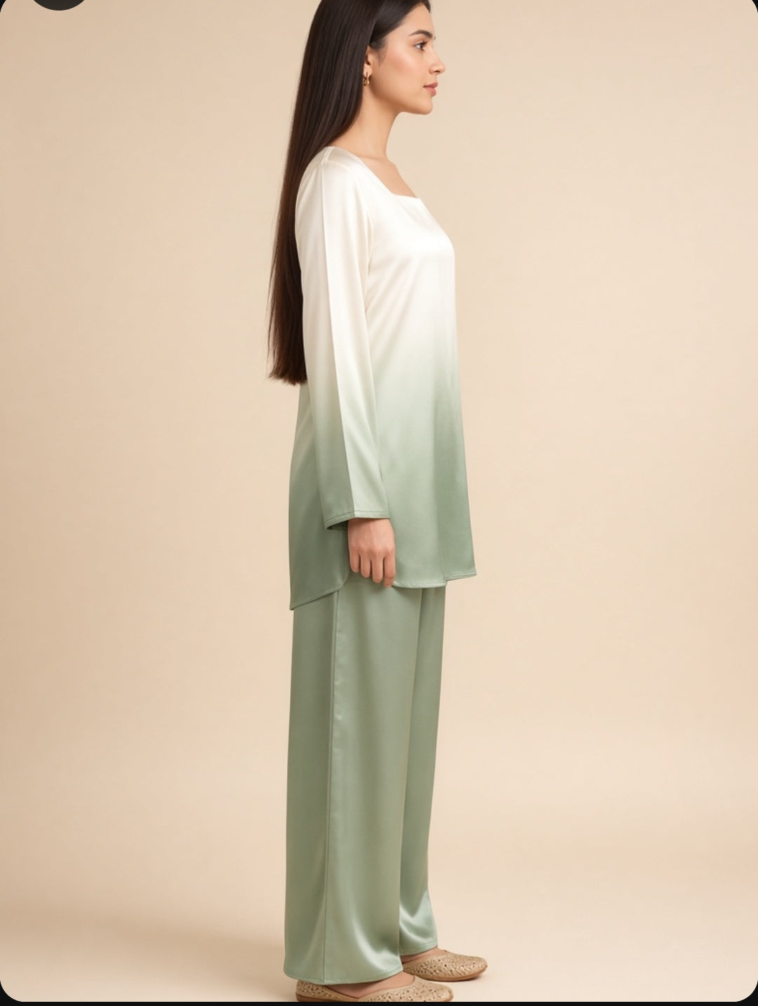 2 Piece Ombre Silk Suit | Square Neck Shirt with Wide Pants - White Sage