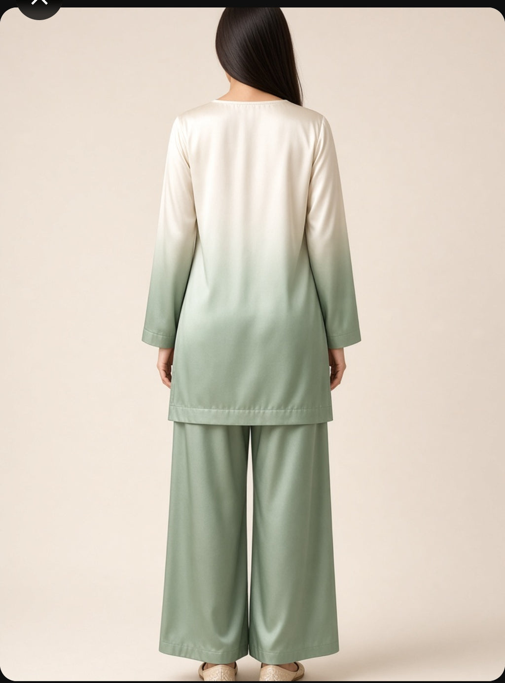 2 Piece Ombre Silk Suit | Square Neck Shirt with Wide Pants - White Sage