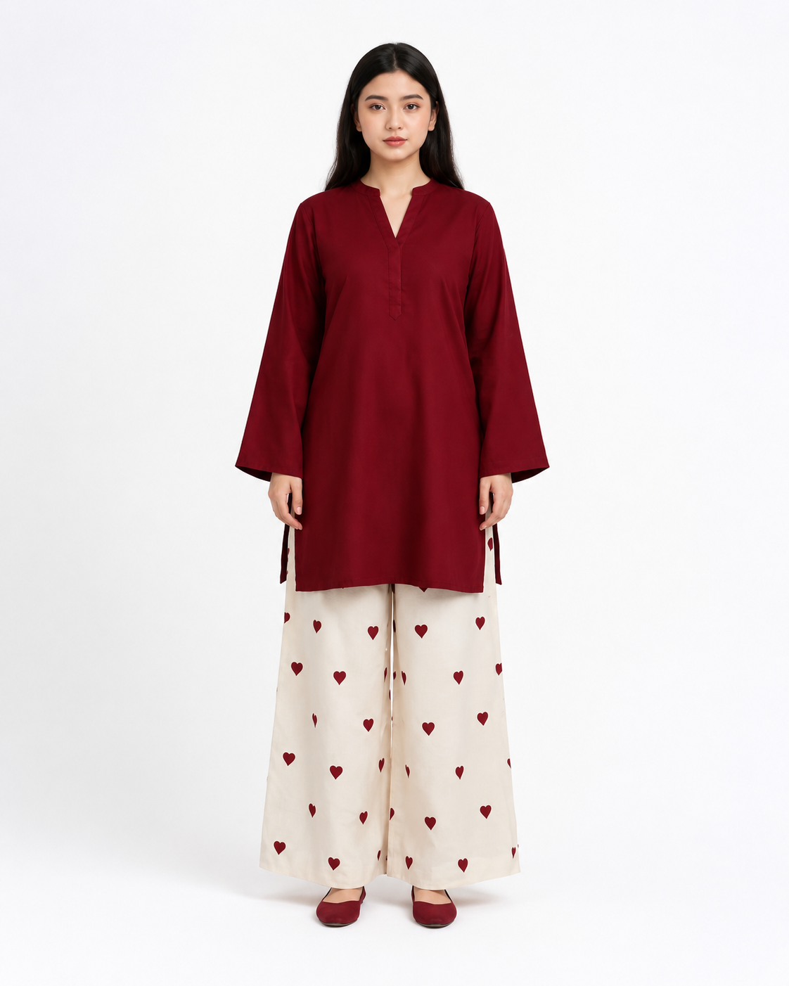 2 Piece Maroon Silk Suit | V-Neck Shirt with Heart Print Pants
