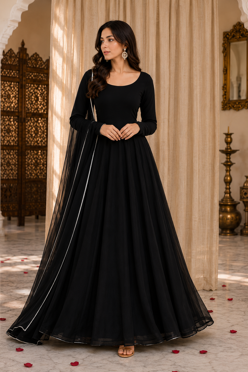 Velvet Noir - Classic Black Chiffon 3-Piece Frock Set
