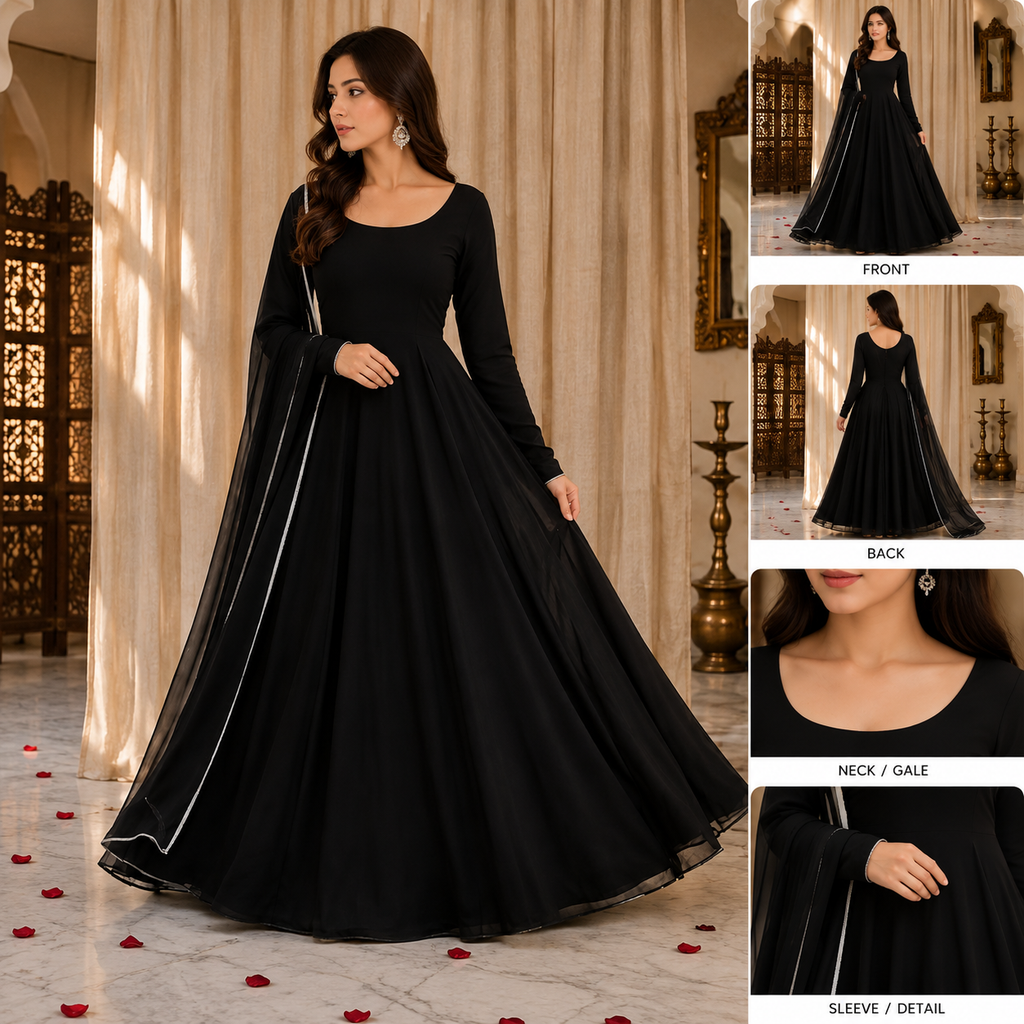 Velvet Noir - Classic Black Chiffon 3-Piece Frock Set