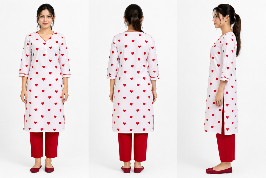 2 Piece Red Heart Print Silk Suit | Printed Shirt with Red Pants