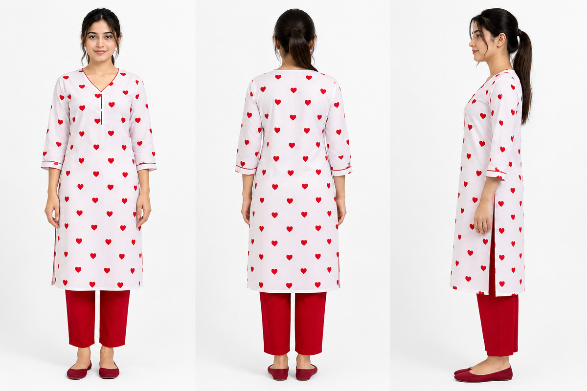 2 Piece Red Heart Print Silk Suit | Printed Shirt with Red Pants
