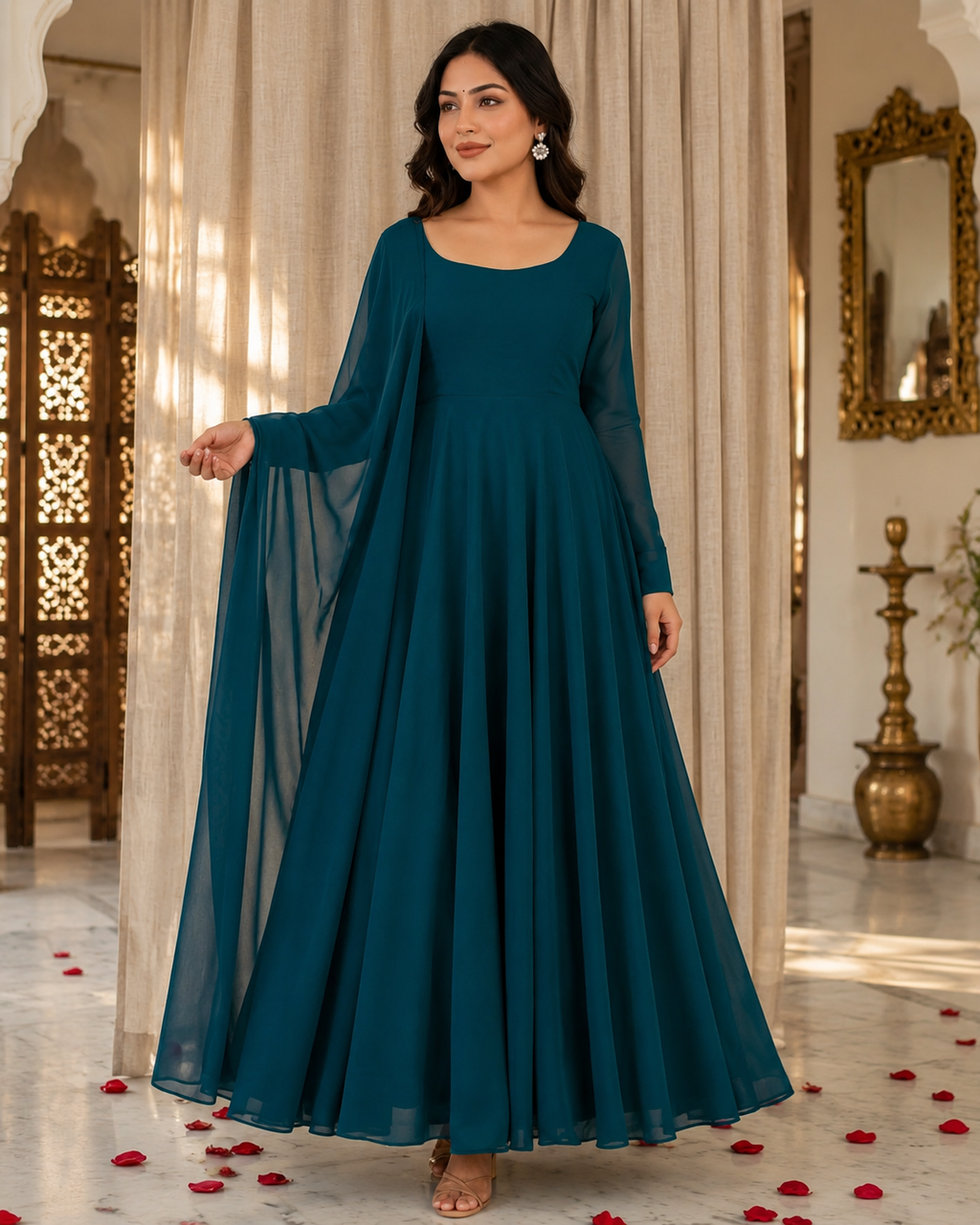 Ocean Bloom - Zinc Chiffon 3-Piece Flared Frock Set