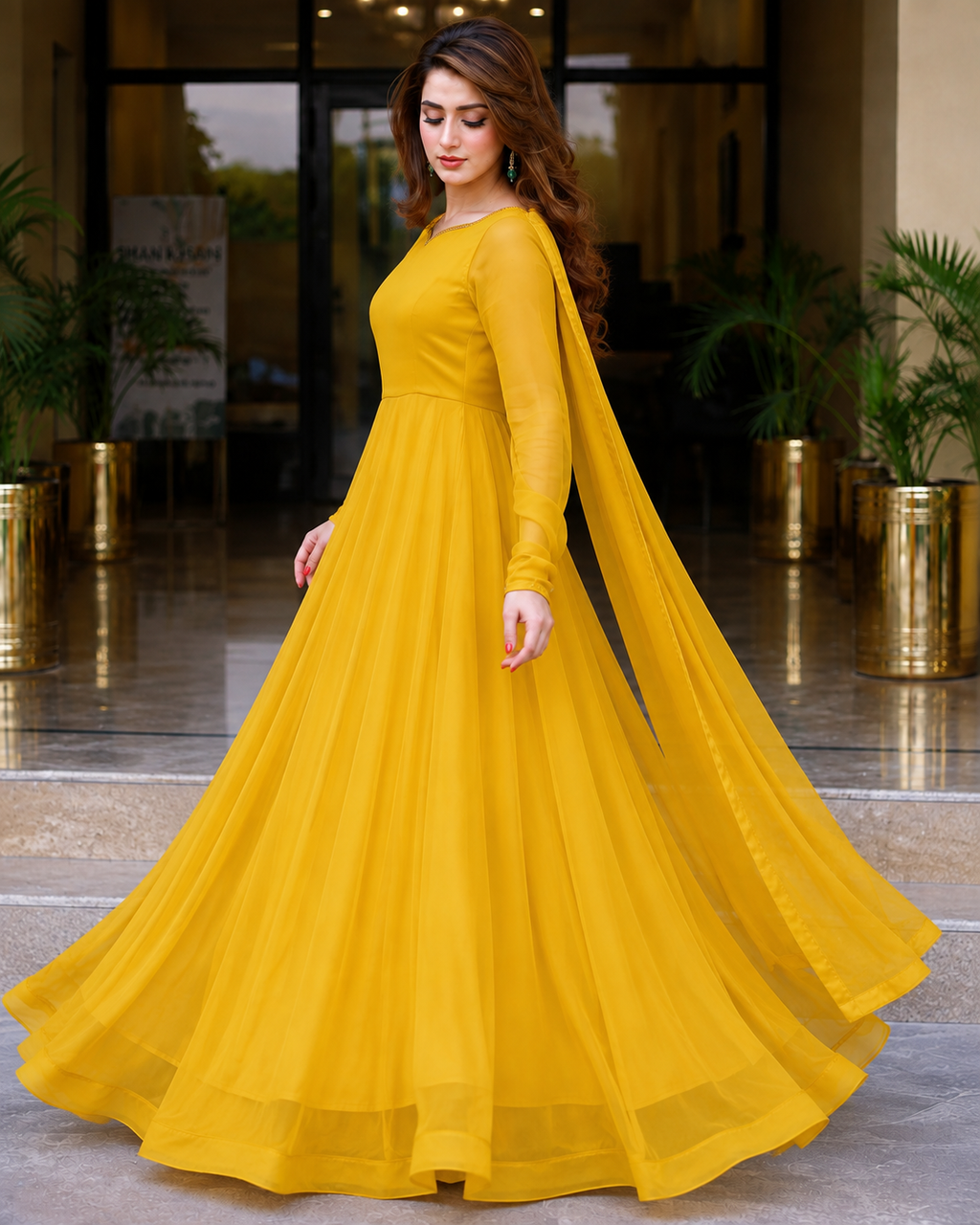 Sunset Glow - Mustard Yellow Chiffon 3-Piece Frock Set