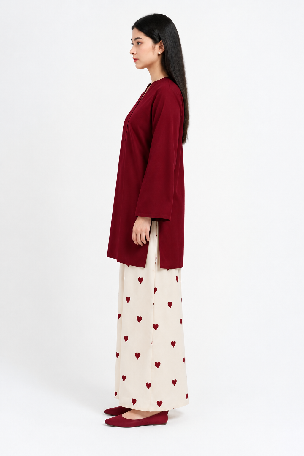2 Piece Maroon Silk Suit | V-Neck Shirt with Heart Print Pants