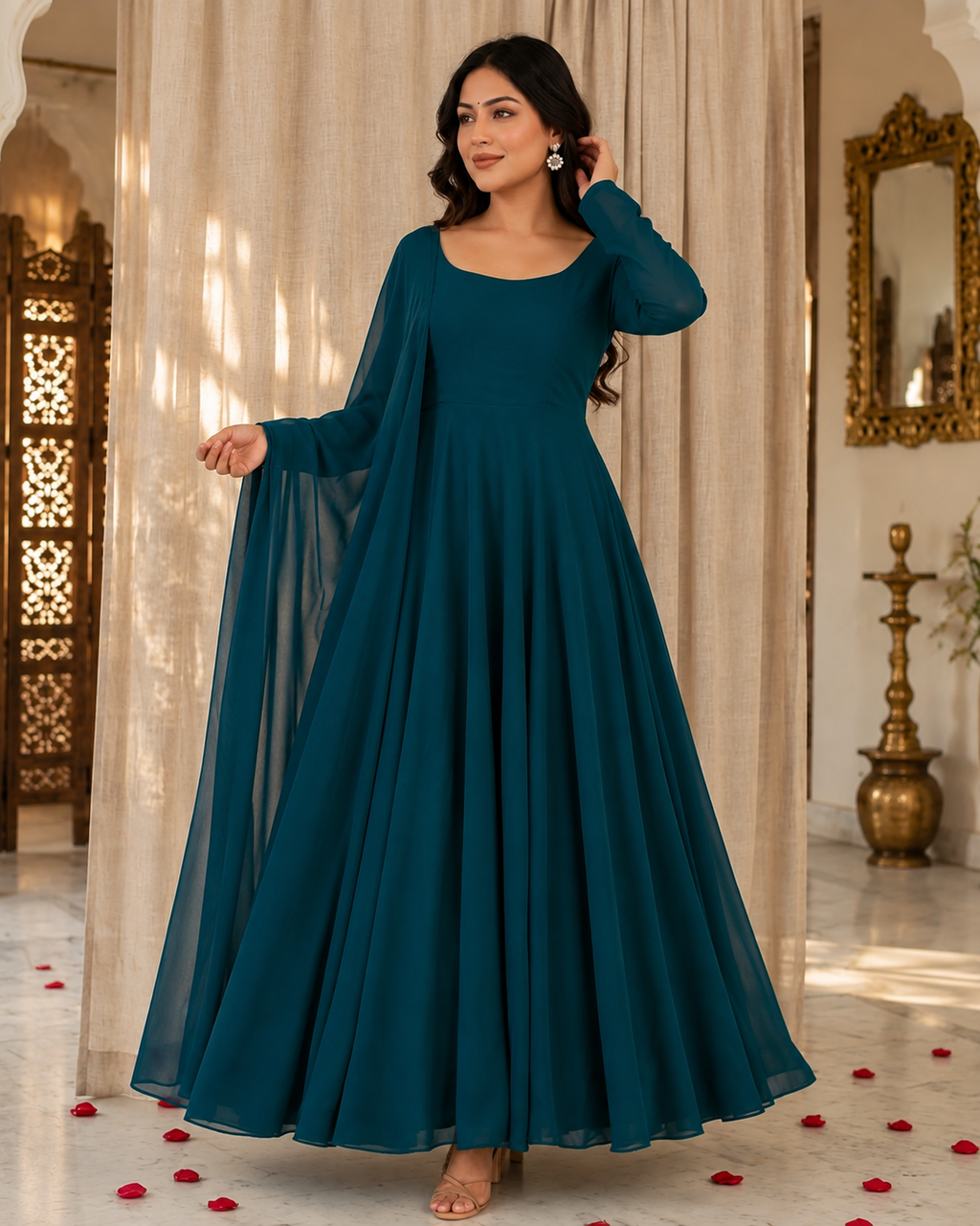 Ocean Bloom - Zinc Chiffon 3-Piece Flared Frock Set