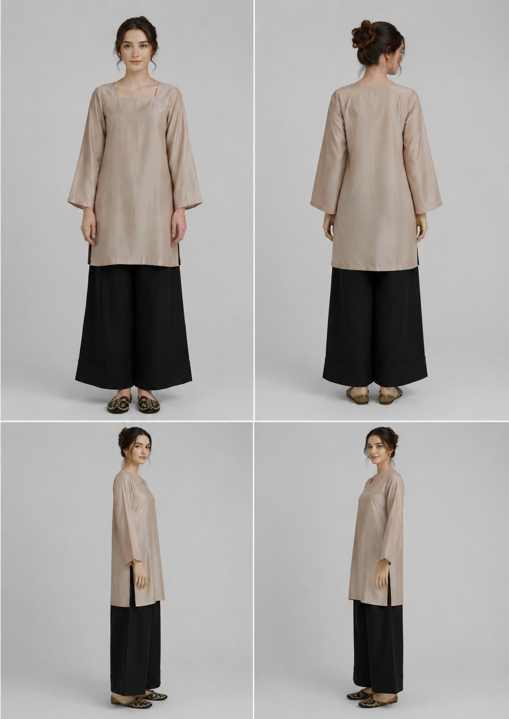 2 Piece Beige Black Silk Suit | Square Neck Shirt with Wide Palazzo Pants