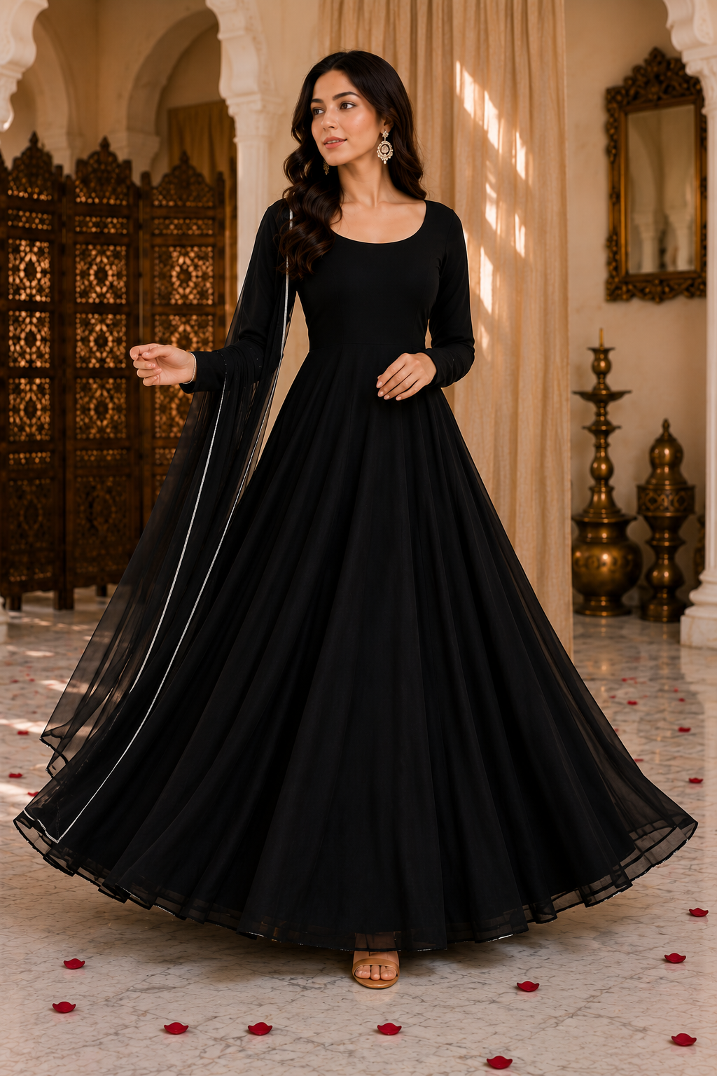 Velvet Noir - Classic Black Chiffon 3-Piece Frock Set