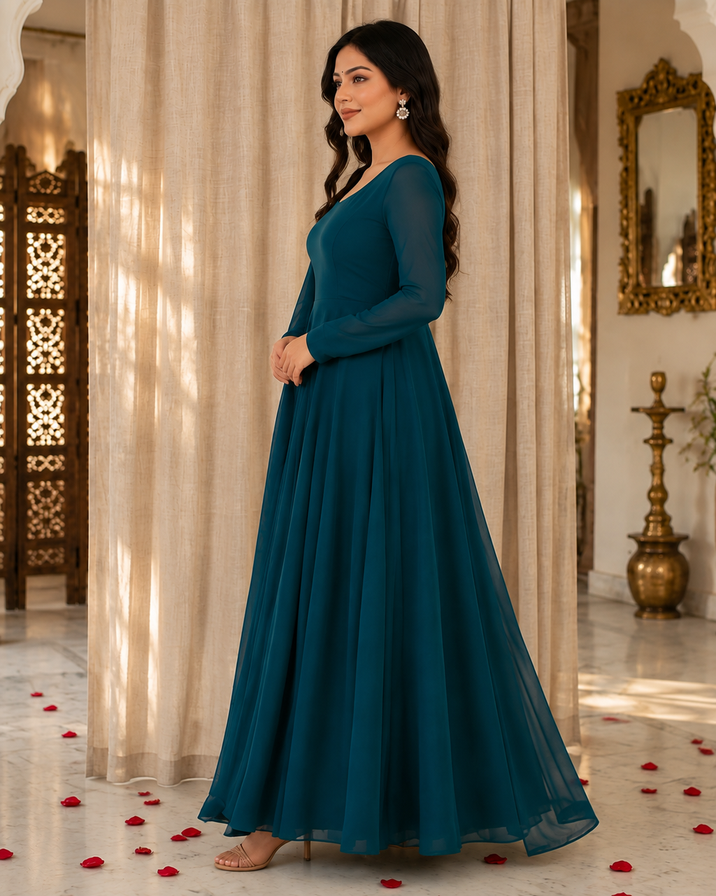 Ocean Bloom - Zinc Chiffon 3-Piece Flared Frock Set