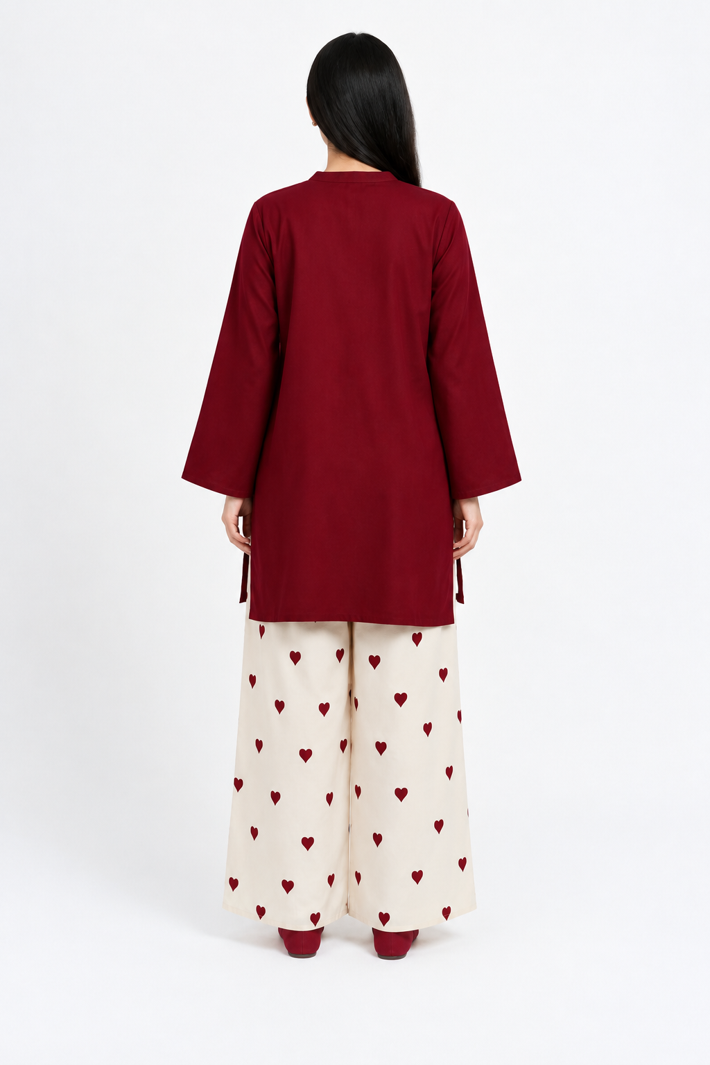 2 Piece Maroon Silk Suit | V-Neck Shirt with Heart Print Pants