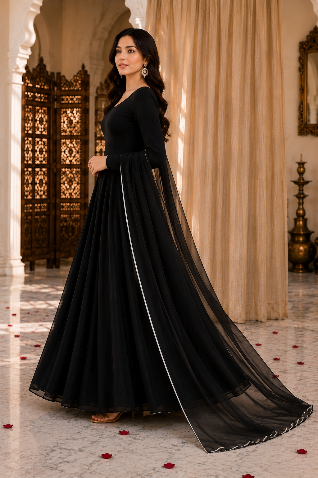 Velvet Noir - Classic Black Chiffon 3-Piece Frock Set