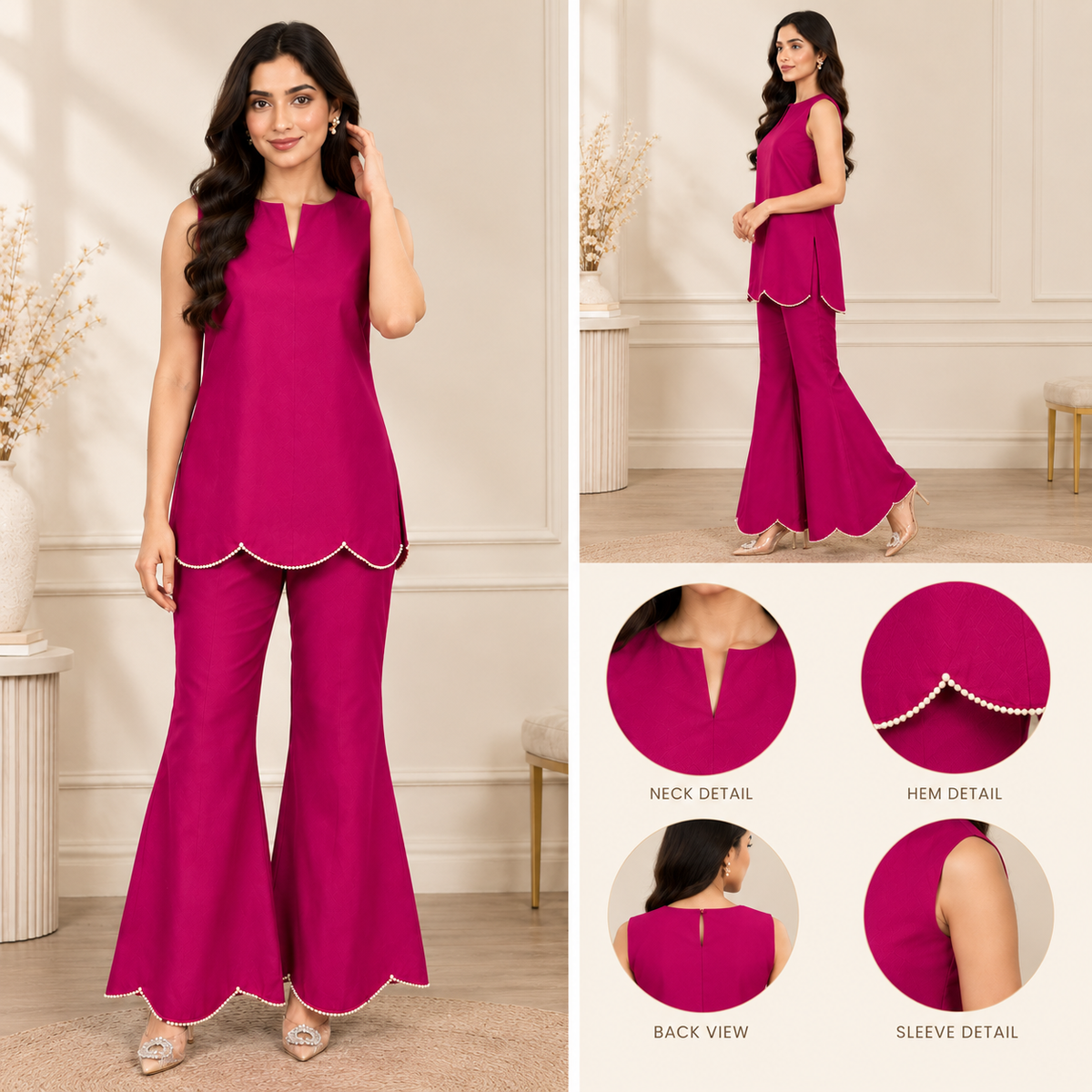Fuchsia Muse 2-Piece Silk Suit | Pearl Scallop Hem Co-ord