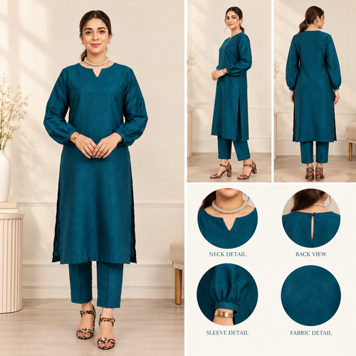 2 Piece Bottle Green Silk Suit | V-Cut Shirt with Wide Pants