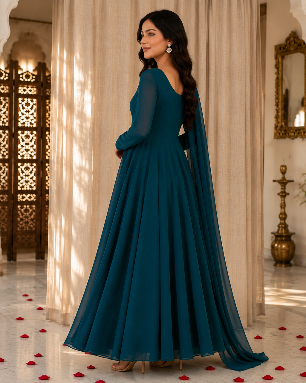 Ocean Bloom - Zinc Chiffon 3-Piece Flared Frock Set