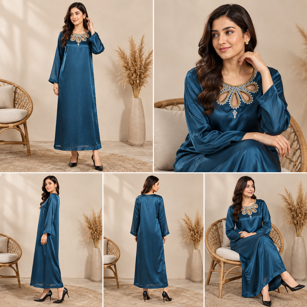 Luxury Zinc Silk 2PC | Fancy Embellished Galla | Teal Blue Evening Set