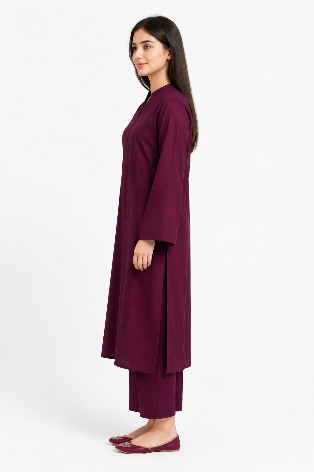 2 Piece Plum Silk Suit | Pintuck Shirt with Straight Pants