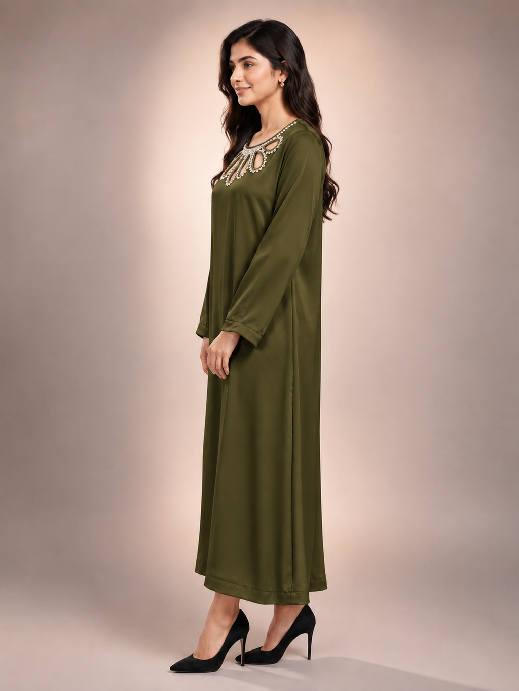 Embalished gala  olive 2 piece silk suit
