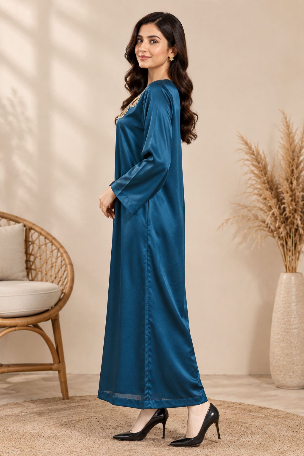 Luxury Zinc Silk 2PC | Fancy Embellished Galla | Teal Blue Evening Set