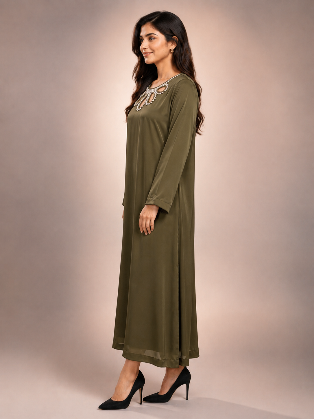 Embalished gala  olive 2 piece silk suit