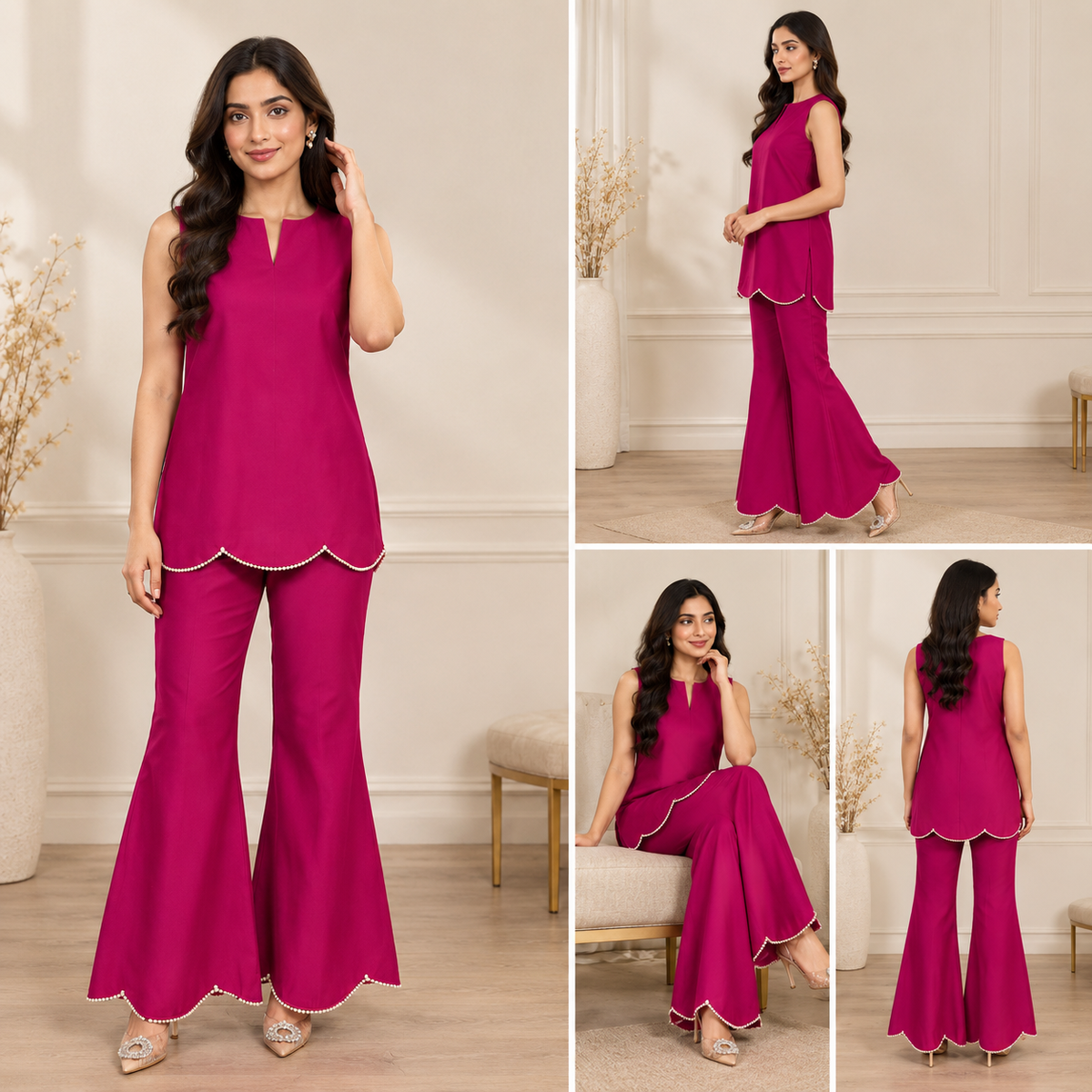 Fuchsia Muse 2-Piece Silk Suit | Pearl Scallop Hem Co-ord