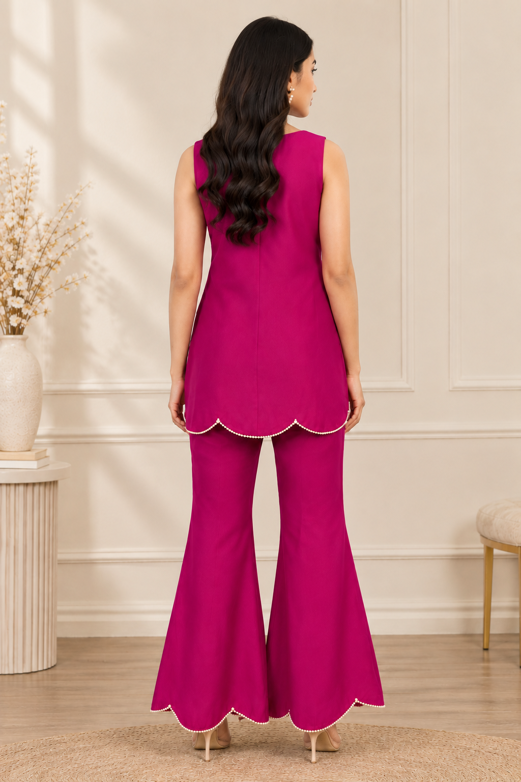 Fuchsia Muse 2-Piece Silk Suit | Pearl Scallop Hem Co-ord