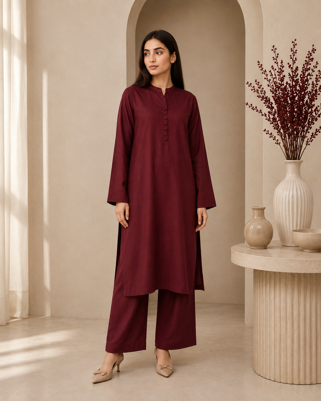 2 Piece Royal Maroon Silk Suit | Button Placket Shirt with Wide Pants