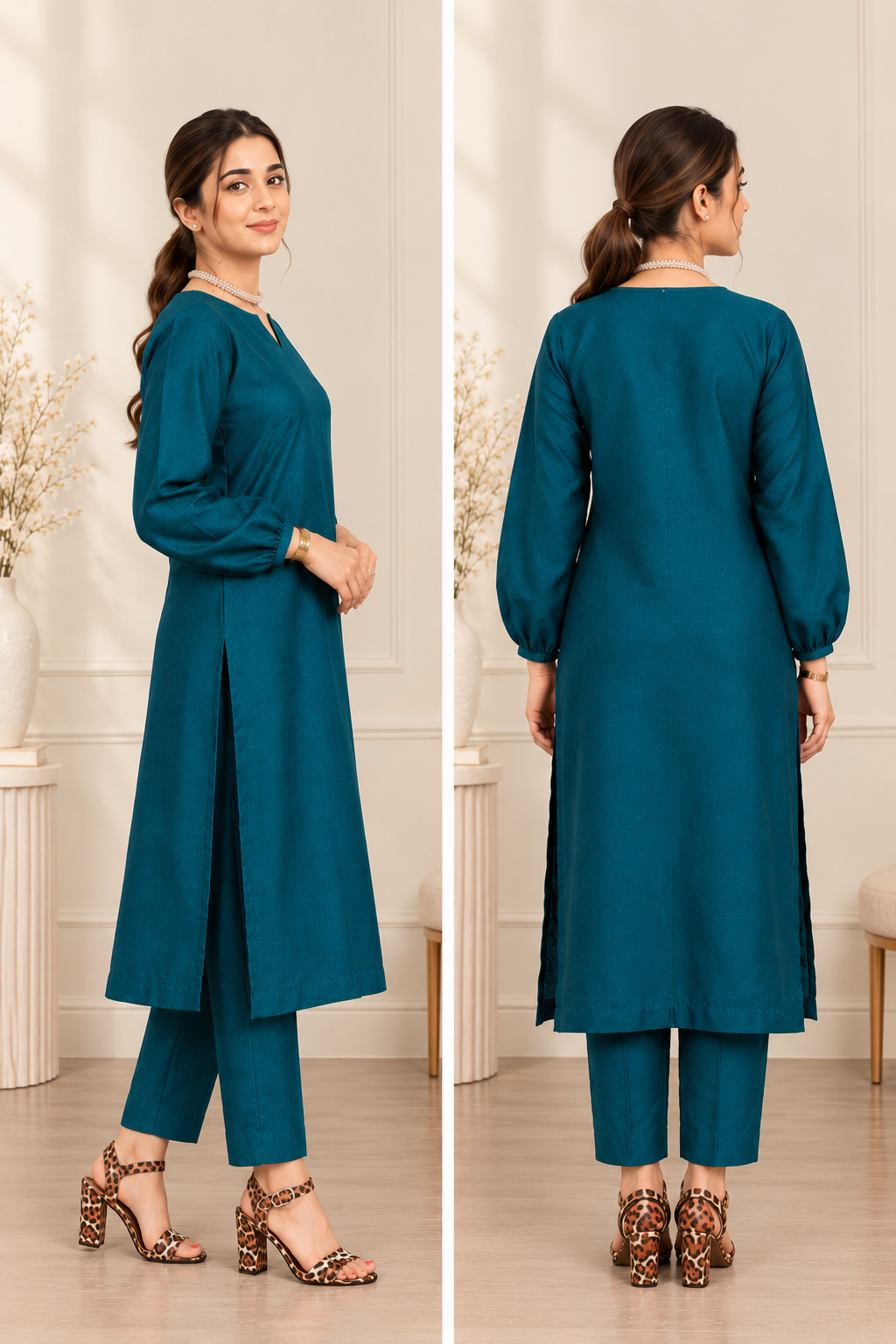 2 Piece Bottle Green Silk Suit | V-Cut Shirt with Wide Pants