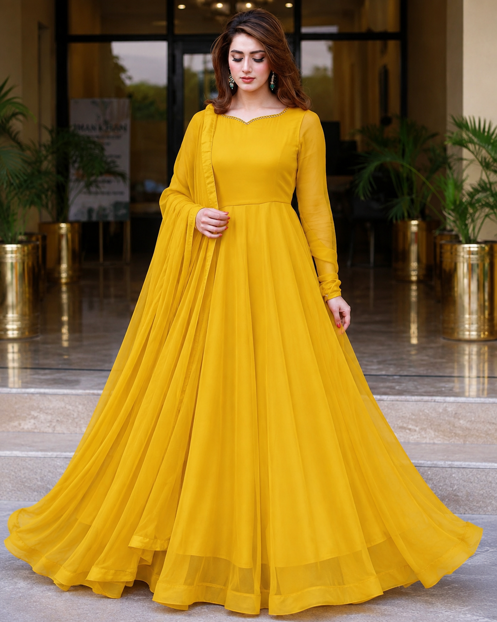 Sunset Glow - Mustard Yellow Chiffon 3-Piece Frock Set