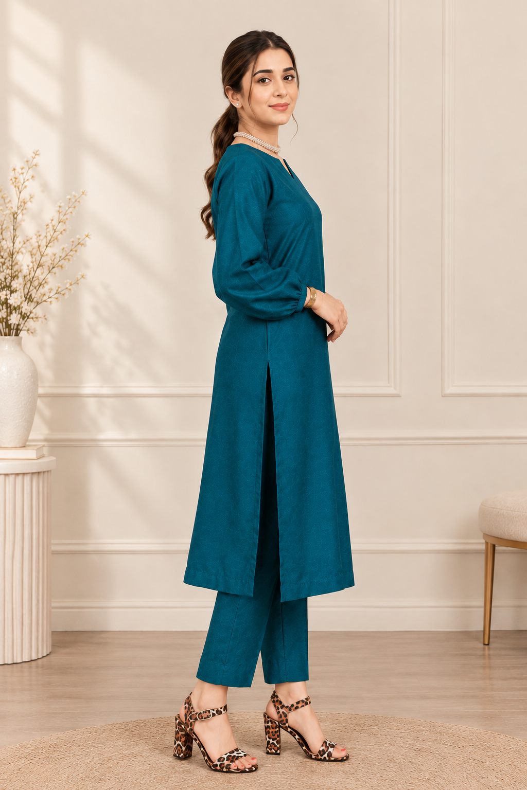 2 Piece Bottle Green Silk Suit | V-Cut Shirt with Wide Pants